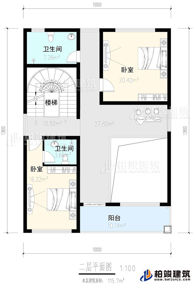 二层:2卧室,内卫,公卫,楼梯,阳台