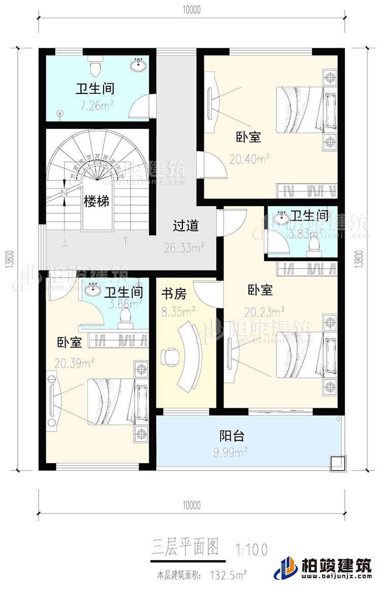 三层:3卧室,2内卫,公卫,楼梯,书房,阳台