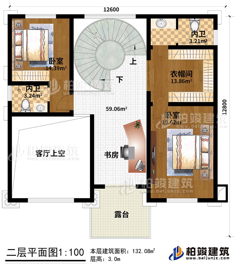 二层:2卧室、2内卫、衣帽间、书房、客厅中空、露台