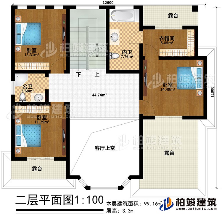 二层:3卧室,衣帽间、公卫、内卫、3露台、客厅上空
