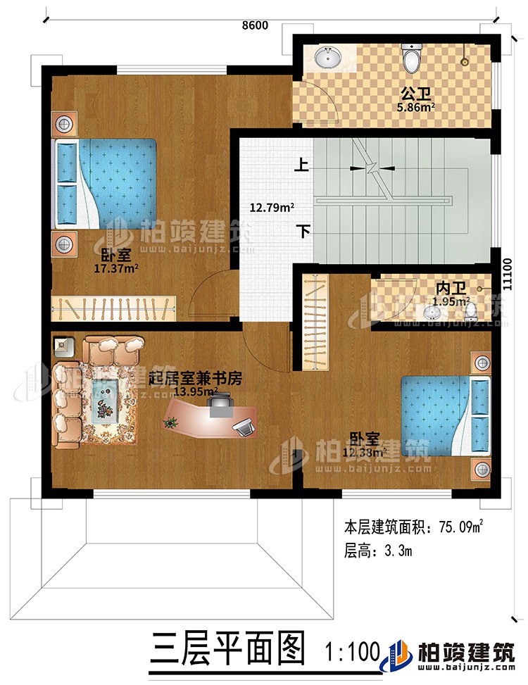 三层:2卧室、起居室兼书房、公卫、内卫