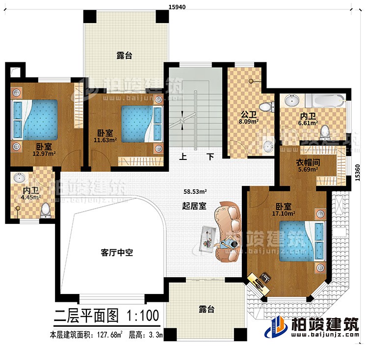 二层:客厅中空、起居室、公卫、2内卫、衣帽间、3卧室、2露台