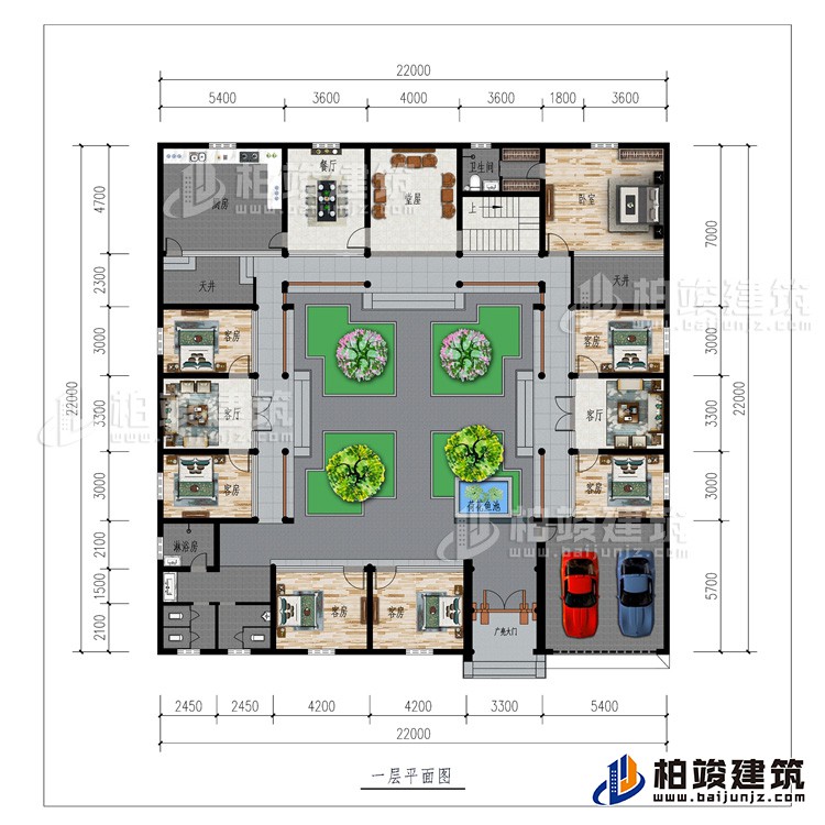 一层:广亮大门、车库、书房、公卫、7卧室、2客厅、餐厅、厨房、堂屋、2天井、内卫、荷花鱼池