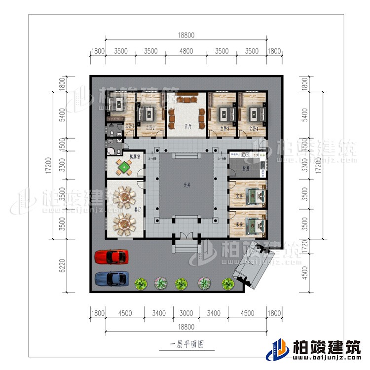 一层:车库、餐厅、棋牌室、厨房、正厅、6卧室、公卫、内卫