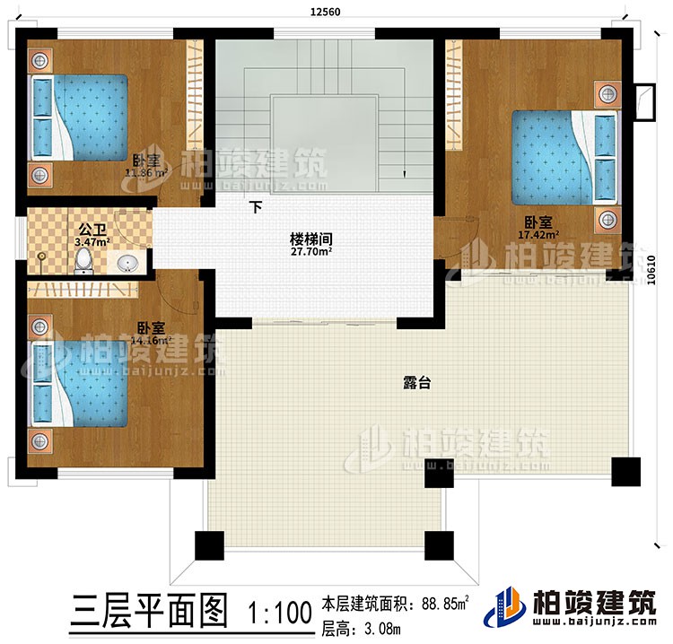 三层:楼梯间、3卧室、露台、公卫