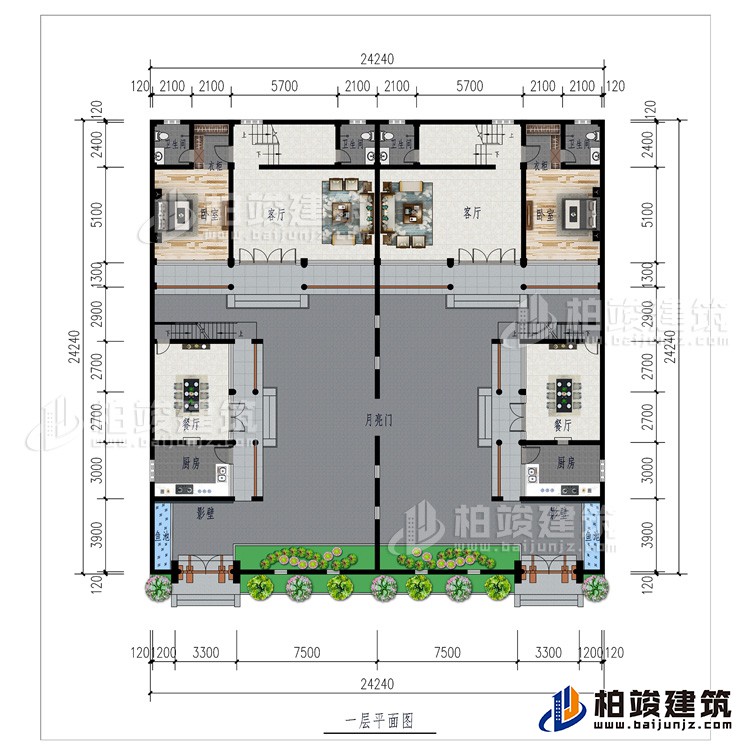 一层:月亮门、2厨房、2影壁、2餐厅、2客厅、2卧室、2衣柜、2内卫、2鱼池