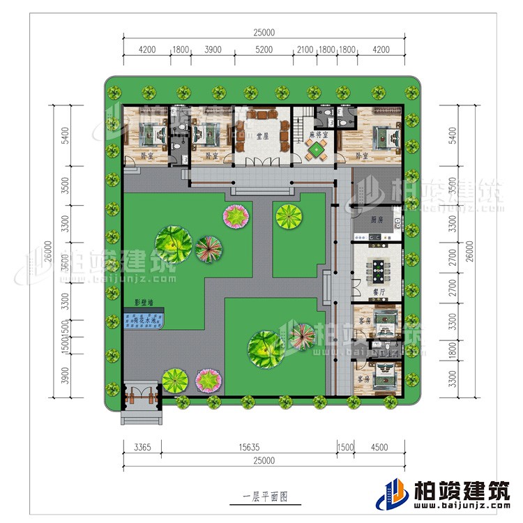 一层:影壁墙、花园、堂屋、厨房、餐厅、5卧室、2公卫、2内卫、麻将室