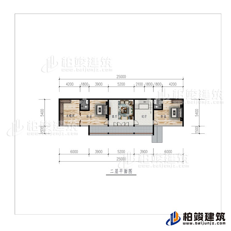二层:过厅、客厅、衣帽间、2卧室
