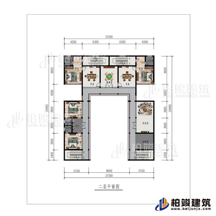 二层:棋牌室、2书房、活动室、杂物间、4卧室、4内卫、过廊