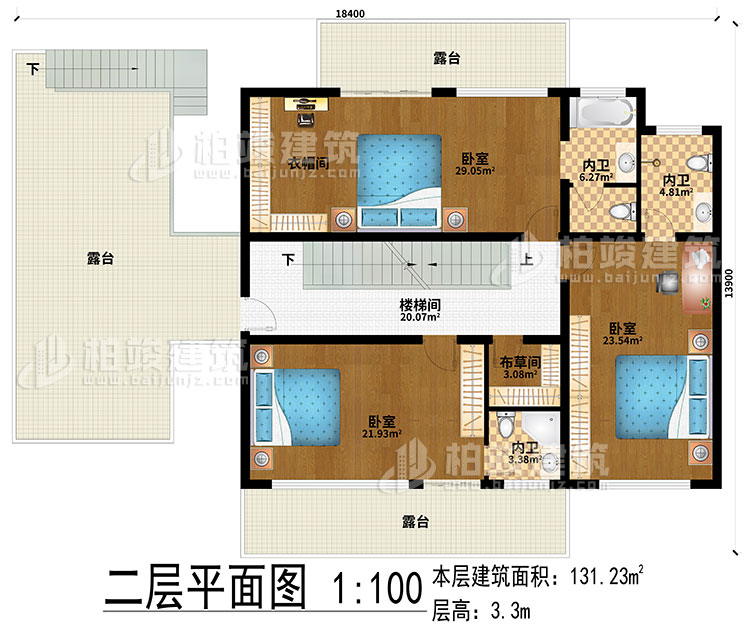 二层:楼梯间、3卧室、衣帽间、布草间、3内卫、3露台