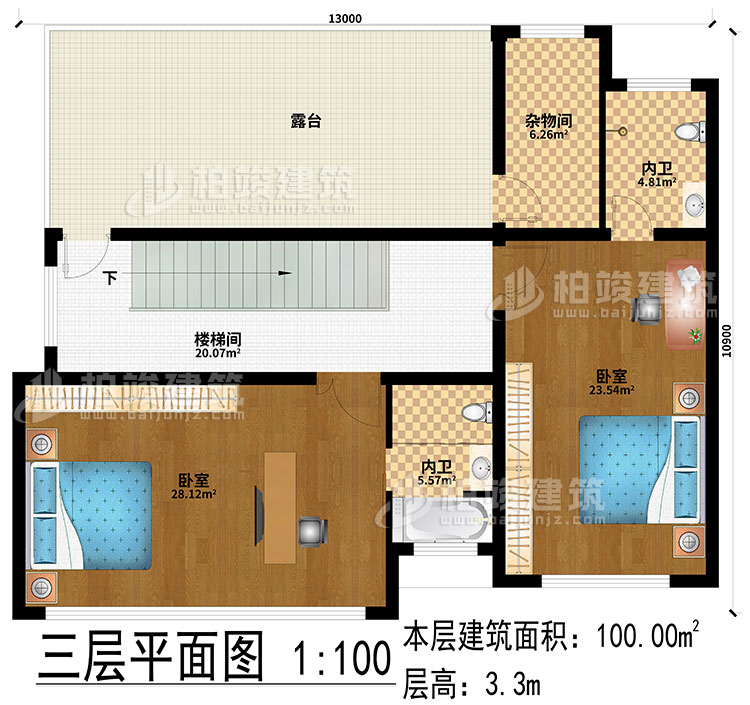 三层:2卧室、楼梯间、露台、2内卫、杂物间