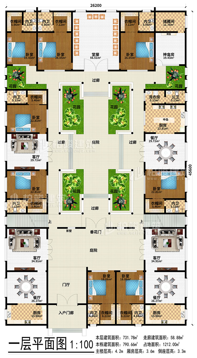 一层:入户门廊、门厅、3餐厅、3厨房、3客厅、堂屋、神龛、神龛房、储物间、6花园、4过廊、2庭院、影壁、垂花门、中岛、洗衣房、公卫、8卧室、8衣帽间、8内卫