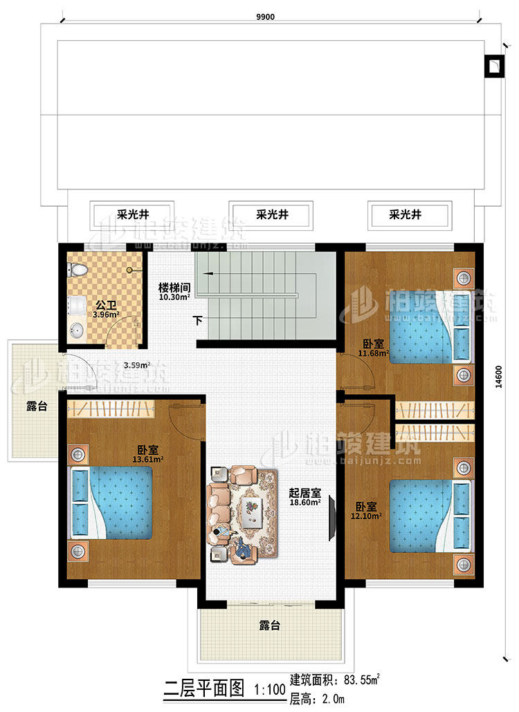 二层:3采光井、楼梯间、起居室、3卧室、2露台