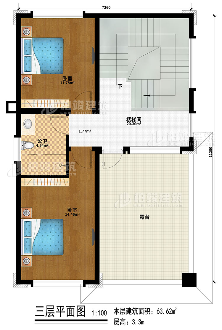 三层:2卧室、楼梯间、公卫、露台