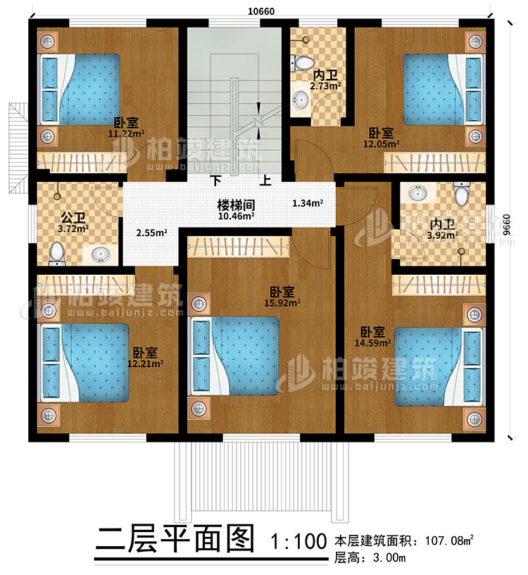 二层:5卧室、楼梯间、2内卫、公卫