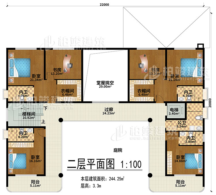 二层:堂屋挑空、过廊、楼梯间、电梯、4卧室、2衣帽间、2书房、4内卫、公卫、2阳台