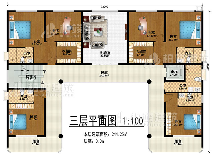 三层:影音室、过廊、楼梯间、电梯、4卧室、2衣帽间、2书房、4内卫、公卫、2阳台