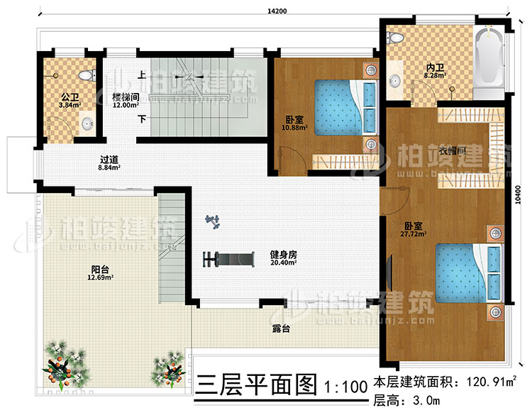 三层:健身房、楼梯间、2卧室、衣帽间、过道、公卫、内卫、阳台、露台