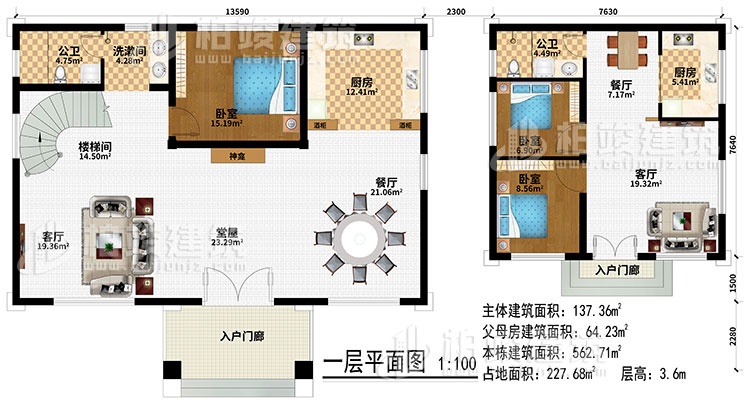 一层:2入户门廊、堂屋、2客厅、2餐厅、2厨房、3卧室、2公卫、洗漱间、楼梯间、神龛