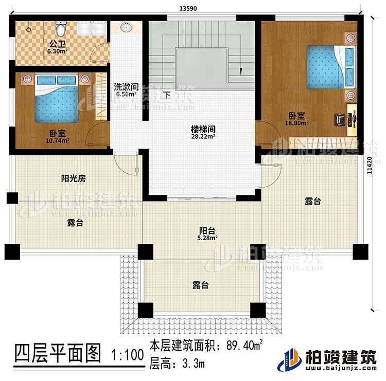 四层:楼梯间、洗漱间、2卧室、阳光房、公卫、阳台、3露台