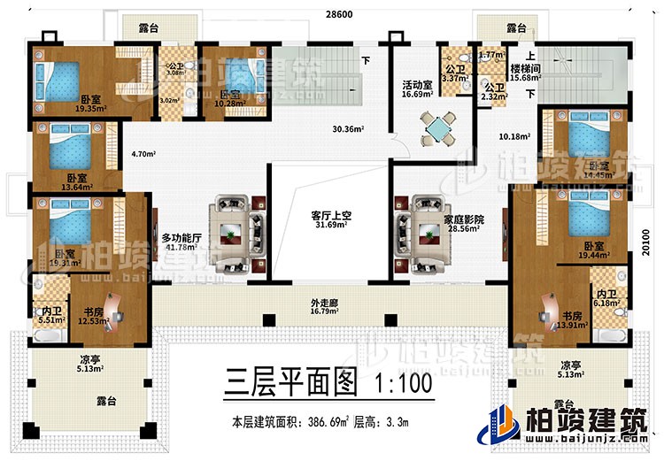 三层:多功能厅、客厅上空、家庭影院、6卧室、2书房、活动室、3公卫、2内卫、4露台、2凉亭、外走廊、楼梯间