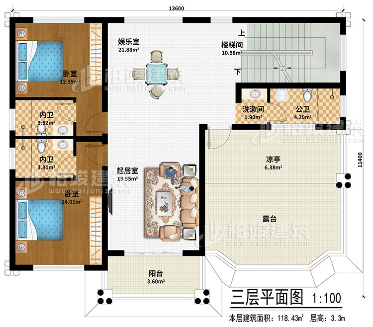 三层:起居室、娱乐室、楼梯间、2卧室、洗漱间、公卫、2内卫、凉亭、阳台、露台