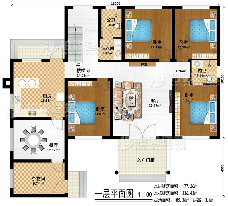 一层:入户门廊、客厅、神龛、楼梯间、厨房、餐厅、杂物间、4卧室、洗衣房、公卫、内卫