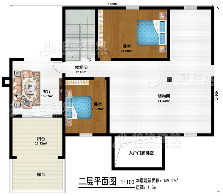 阁楼:楼梯间、储物间、客厅、2卧室、阳台、露台、入户门廊挑空