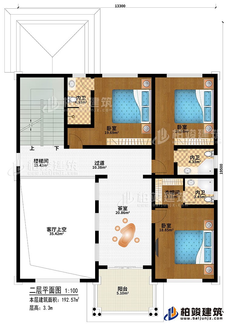 二层:楼梯间、3卧室、过道、茶室、客厅上空、衣帽间、3内卫、阳台