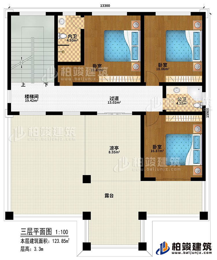 三层:楼梯间、过道、3卧室、公卫、内卫、凉亭、露台