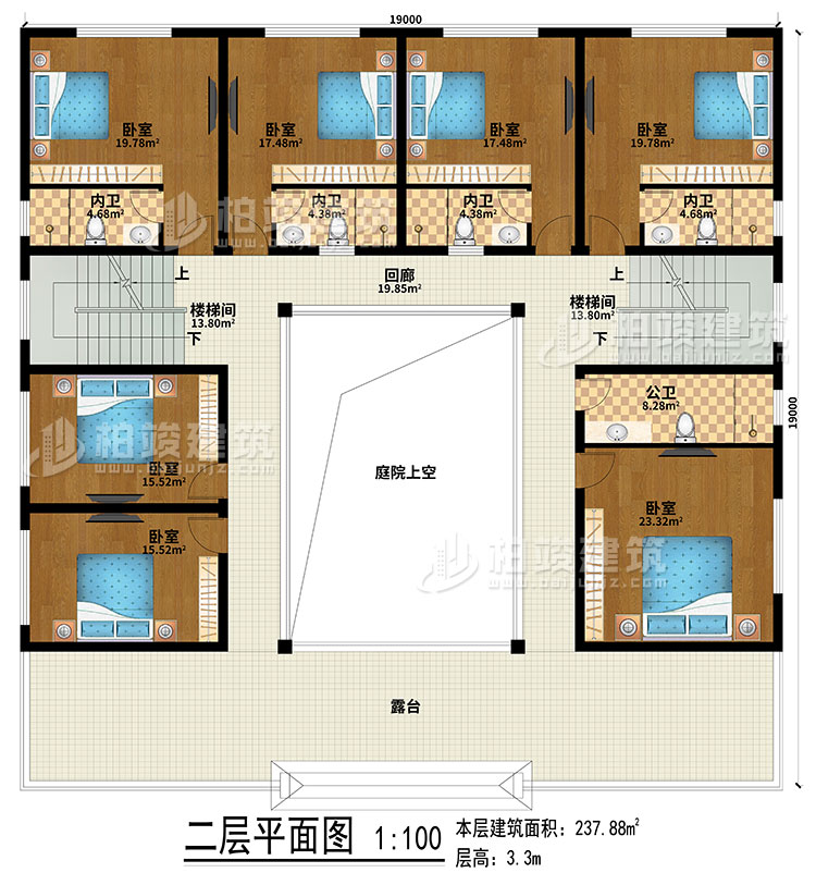 二层:回廊、露台、庭院上空、2楼梯间、7卧室、4内卫、公卫