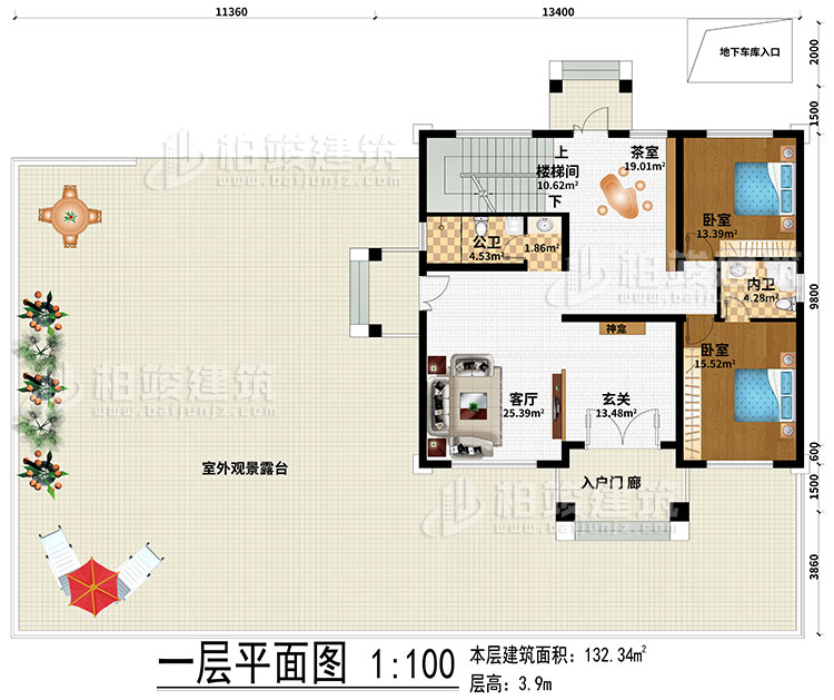 一层:起居室、楼梯间、书房、3卧室、衣帽间、公卫、内卫、阳台