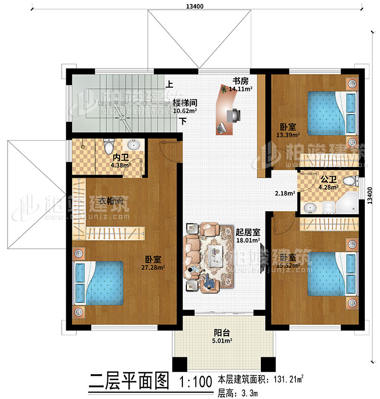 二层:室外观景露台、地下车库入口、入户门廊、玄关、客厅、神龛、茶室、楼梯间、2卧室、公卫、内卫