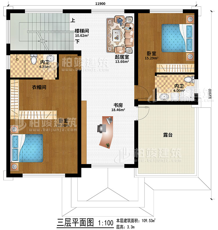三层:2卧室、起居室、楼梯间、衣帽间、书房、2内卫、露台