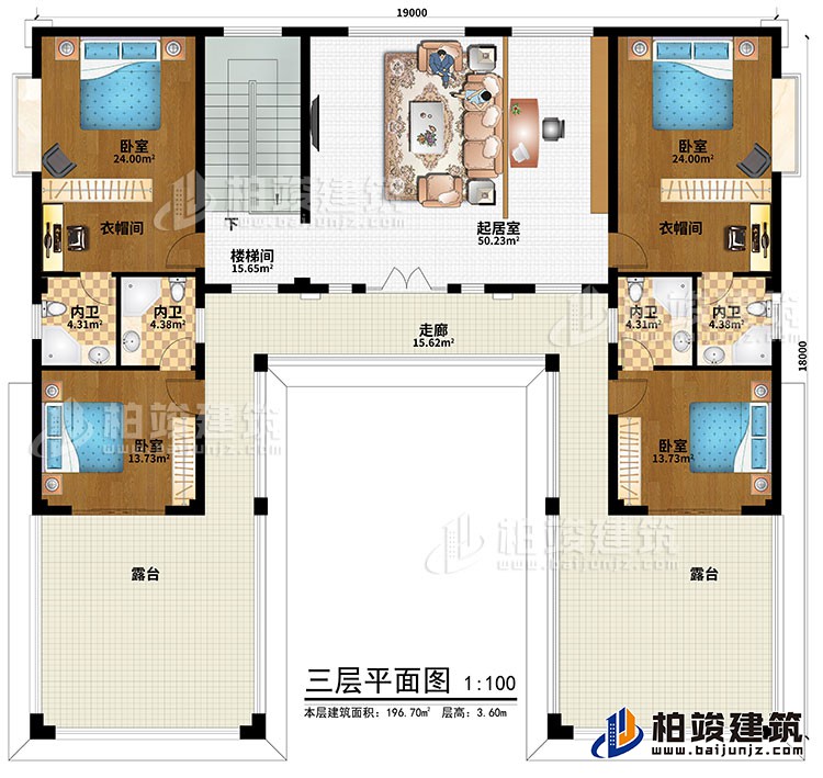 三层:楼梯间、起居室、走廊、4卧室、4内卫、2露台