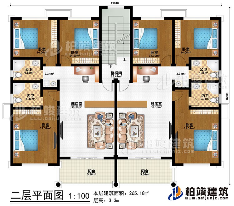 二层:2起居室、楼梯间、6卧室、2公卫、2内卫、2阳台
