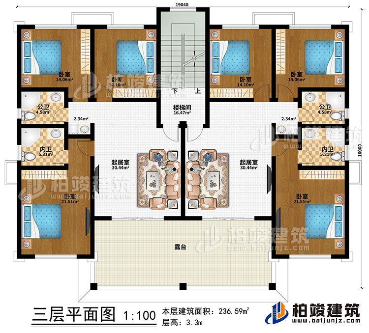 三层:2起居室、楼梯间、6卧室、2公卫、2内卫、露台