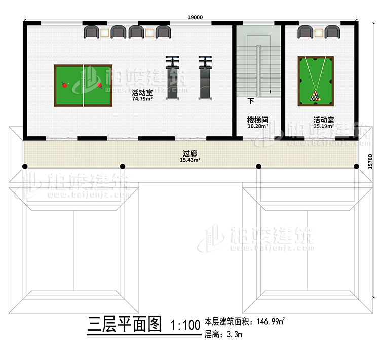 三层:2活动室、楼梯间、过廊