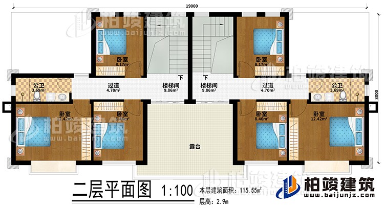 二层:2楼梯间、6卧室、2公卫、2过道、露台