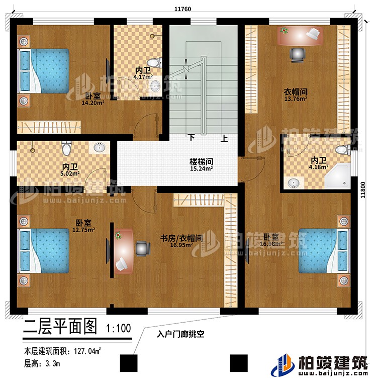 二层:入户门廊挑空、楼梯间、3卧室、书房/衣帽间、衣帽间、3内卫