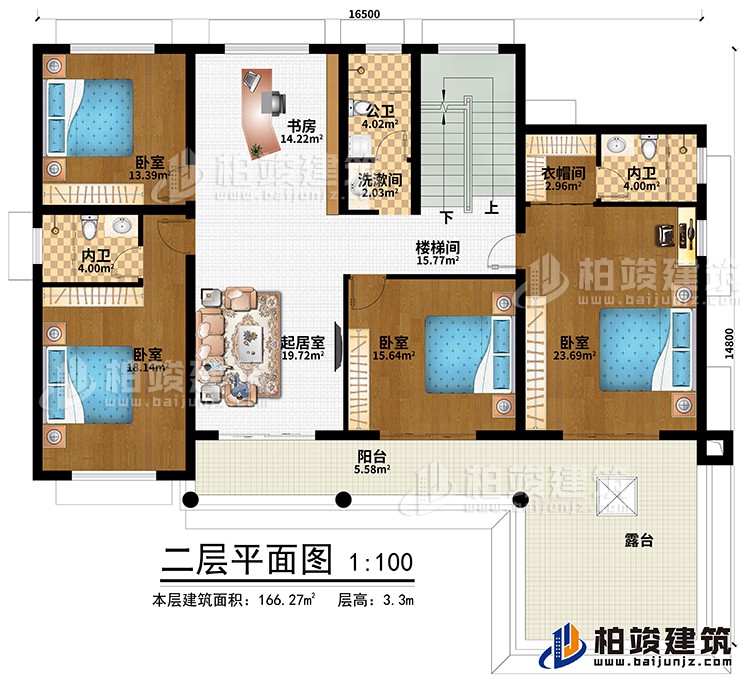 二层:楼梯间、书房、起居室、4卧室、洗漱间、公卫、2内卫、阳台、露台、衣帽间