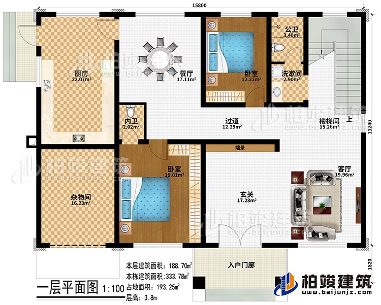一层:入户门廊、杂物间、玄关、客厅、楼梯间、餐厅、厨房、2卧室、洗漱间、公卫、内卫、端景、过道