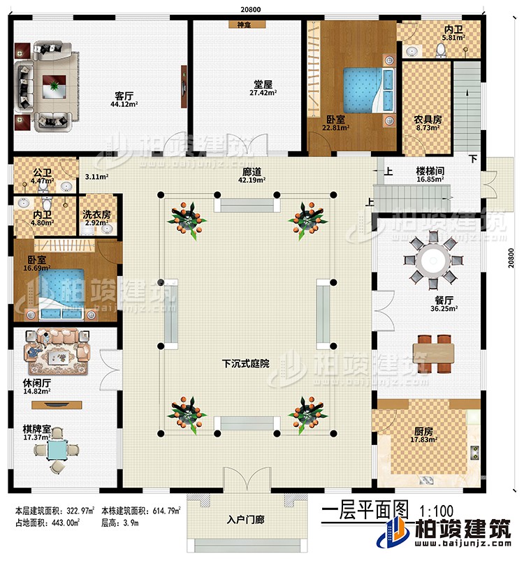 一层:入户门廊、下沉式庭院、廊道、堂屋、神龛、客厅、餐厅、厨房、休闲厅、棋牌室、农具房、楼梯间、2卧室、2内卫、公卫、洗衣房