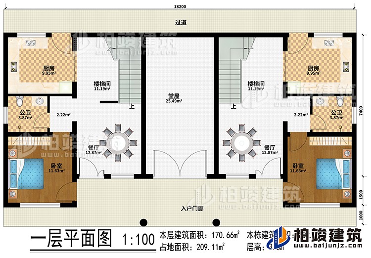 一层:入户门廊、过道、堂屋、2厨房、2楼梯间、2餐厅、2卧室、2公卫
