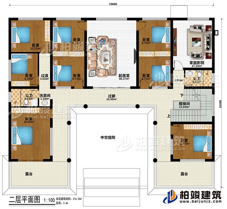 二层:过廊、楼梯间、中空庭院、起居室、8卧室、家庭影院、2公卫、洗漱间、过道、2露台