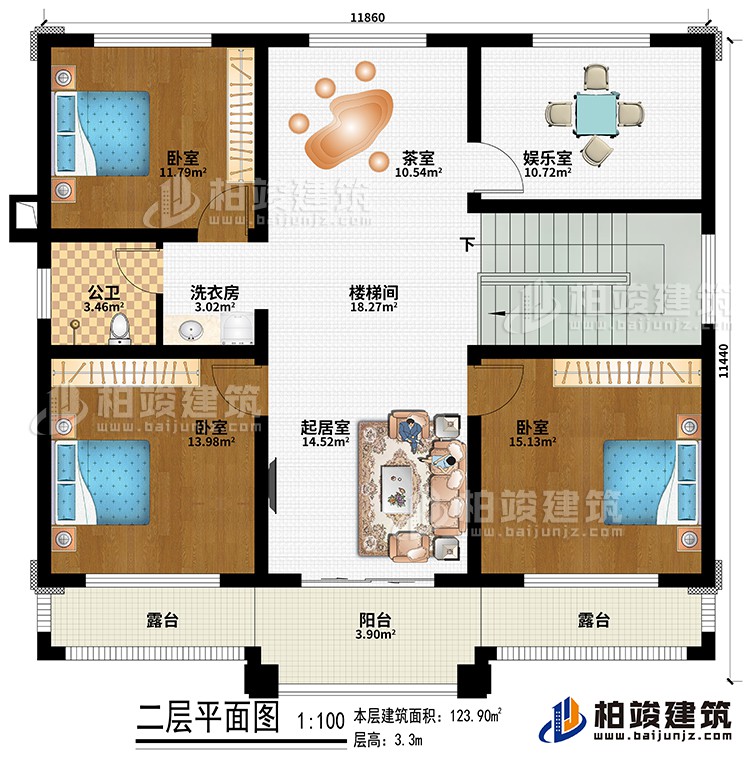 二层:楼梯间、起居室、茶室、3卧室、娱乐室、洗衣房、公卫、阳台、2露台