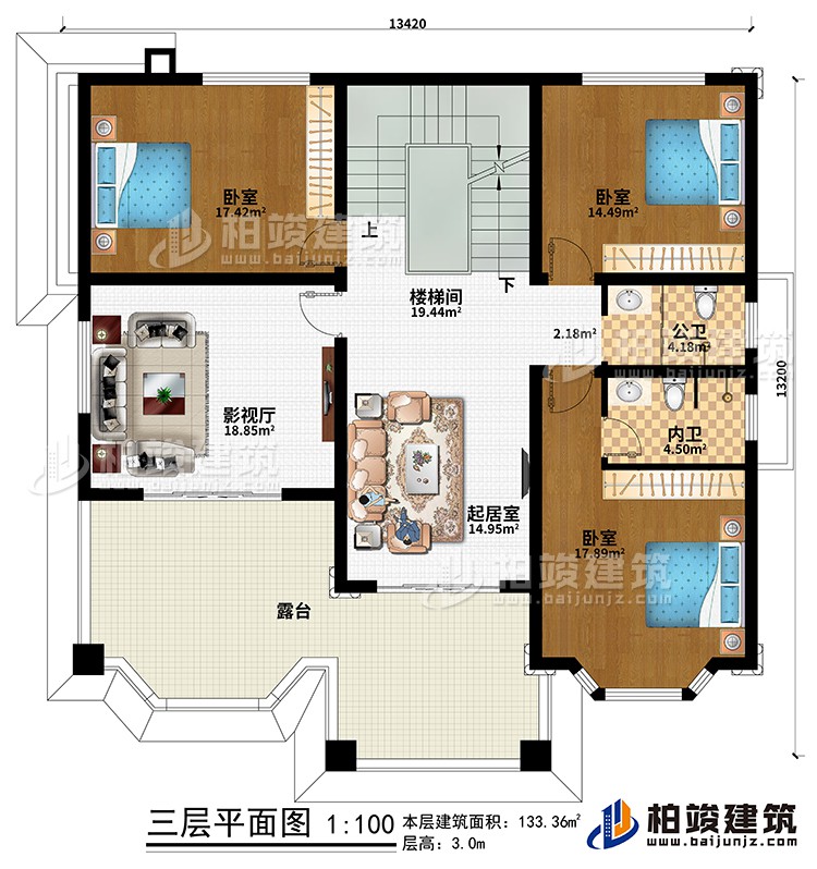 三层:楼梯间、起居室、影视厅、3卧室、公卫、内卫、露台