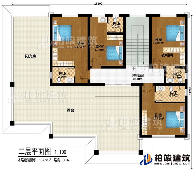 二层:4卧室、衣帽间、楼梯间、4内卫、阳光房、露台