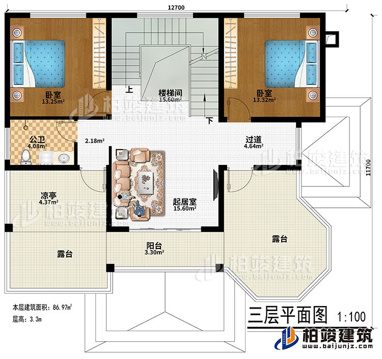 三层:楼梯间、过道、起居室、2卧室、公卫、凉亭、阳台、2露台