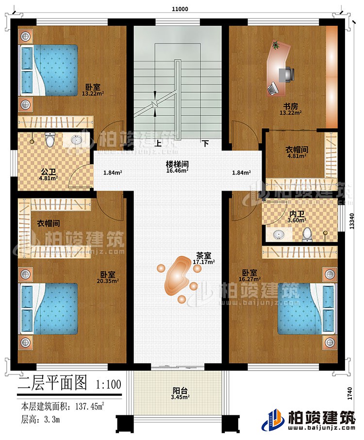 二层:楼梯间、3卧室、2衣帽间、书房、茶室、公卫、内卫、阳台